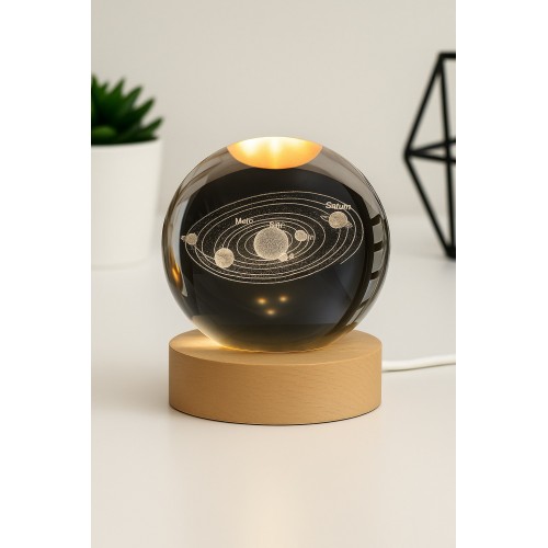 3D Güneş Sistemi Kristal Led Gece Lambası – USB'li Ahşap Standlı LED Masa - Gece Lambası RGB Led