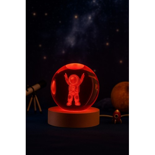 3D Astronot Küre Kristal Led Gece Lambası – USB'li Ahşap Standlı LED Masa - Gece Lambası RGB Led