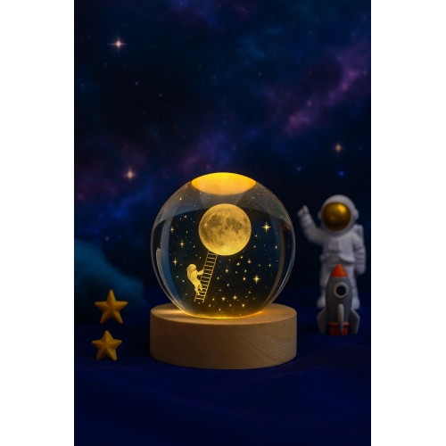 3D Ay Merdiveni Temalı Kristal Küre Gün Işığı Led Gece Lambası – USB'li Ahşap Standlı LED Lamba