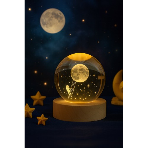 3D Ay Merdiveni Temalı Kristal Küre Gün Işığı Led Gece Lambası – USB'li Ahşap Standlı LED Lamba
