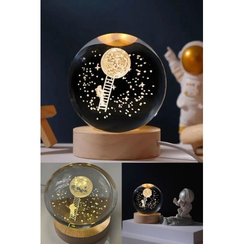 3D Ay Merdiveni Temalı Kristal Küre Gün Işığı Led Gece Lambası – USB'li Ahşap Standlı LED Lamba