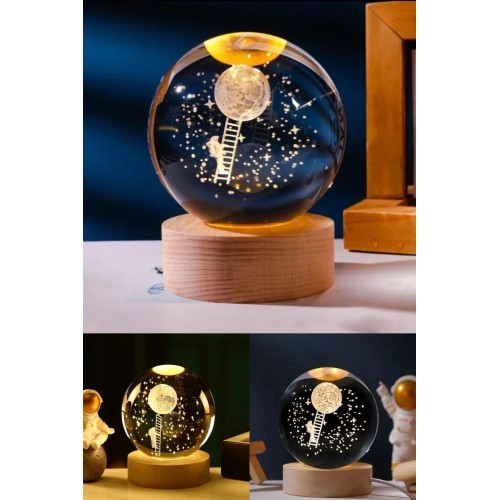 3D Ay Merdiveni Temalı Kristal Küre Gün Işığı Led Gece Lambası – USB'li Ahşap Standlı LED Lamba