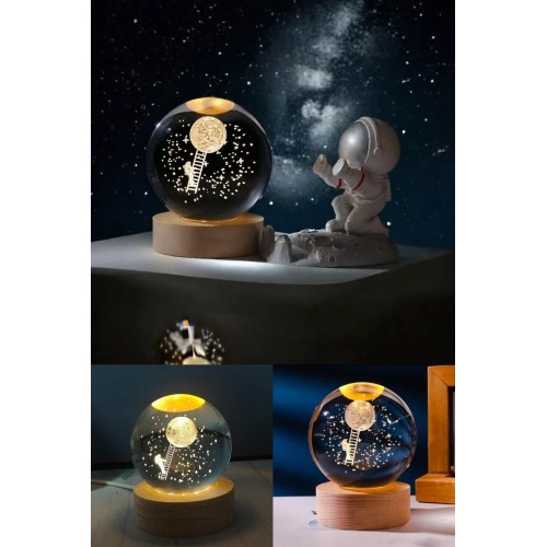 3D Ay Merdiveni Temalı Kristal Küre Gün Işığı Led Gece Lambası – USB'li Ahşap Standlı LED Lamba