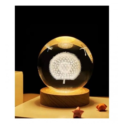 3D Karahindiba Temalı Kristal Küre Gün Işığı Led Gece Lambası – USB'li Ahşap Standlı LED Lamba