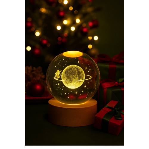 3D Satürn Kız Küre Kristal Gün Işığı Led Gece Lambası – USB'li Ahşap Standlı LED Masa Lambası & Gece