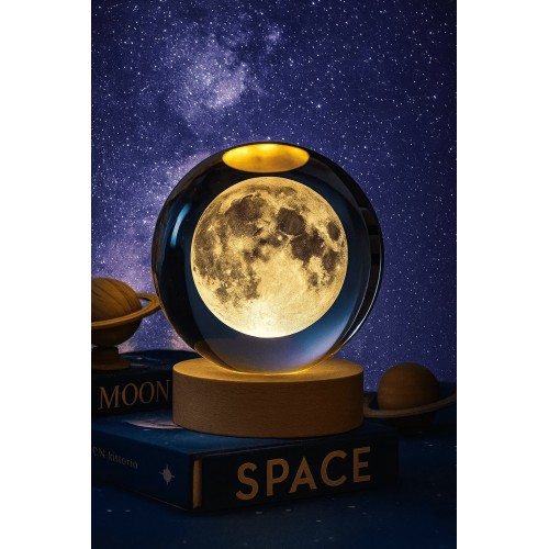 3D Ay Küre Kristal Gün Işığı Led Gece Lambası – USB'li Ahşap Standlı LED Masa Lambası & Gece Lambası