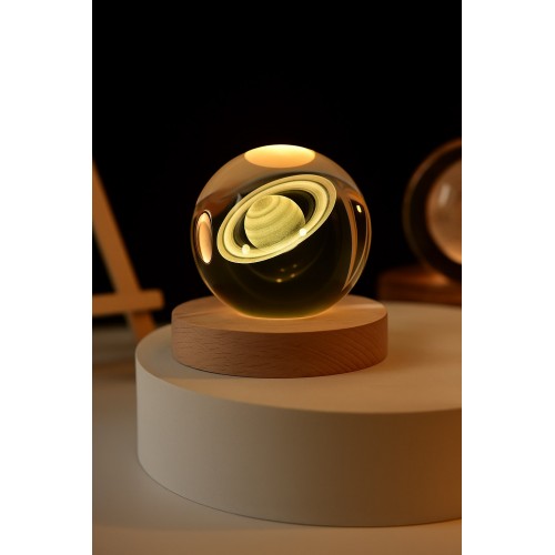 3D Satürn Kristal Küre Lamba – USB li Gün Işığı LED Işıklı Ahşap Standlı Dekoratif Masa Lambası