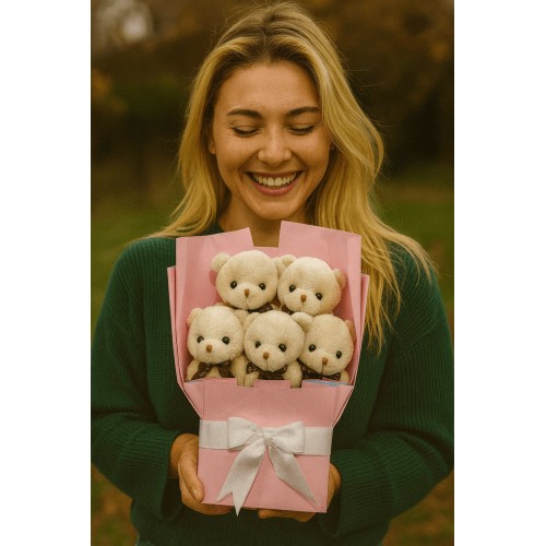 Peluş Ayıcık Buketi Bej – 5’li Sevimli Teddy Bear Aranjmanı | Hediyelik ve Dekoratif