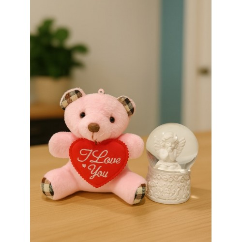 Sevimli Mini Peluş Ayıcık ve Mini Melek Kar Küresi Set Pembe
