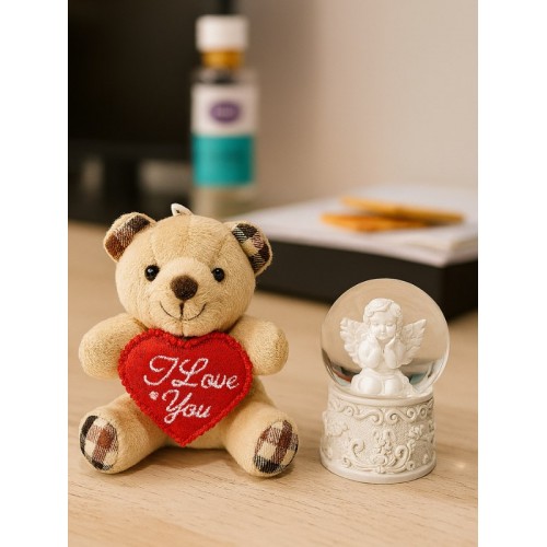 Sevimli Mini Peluş Ayıcık ve Mini Melek Kar Küresi Set Bej Rengi