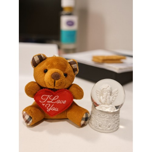 Sevimli Mini Peluş Ayıcık ve Mini Melek Kar Küresi Set Kahverengi