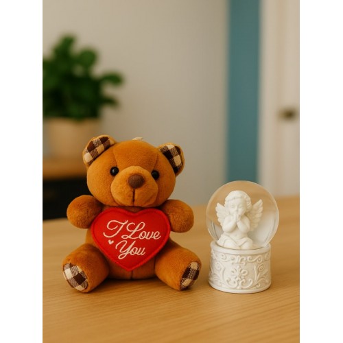Sevimli Mini Peluş Ayıcık ve Mini Melek Kar Küresi Set Kahverengi