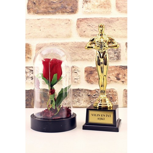 Yılın En İyi Aşkı Oscar Ödülü ve Led Işıklı Fanus Gül Seti