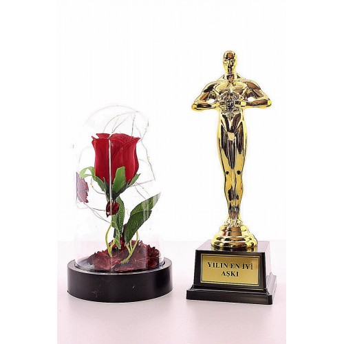 Yılın En İyi Aşkı Oscar Ödülü ve Led Işıklı Fanus Gül Seti