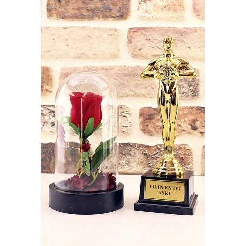 Yılın En İyi Aşkı Oscar Ödülü ve Led Işıklı Fanus Gül Seti