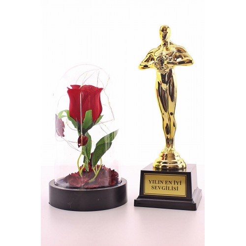 Yılın En İyi Sevgilisi Oscar Ödülü ve Led Işıklı Fanus Gül Seti