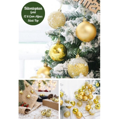 12 Adet Gold 2,5 Cm Mini Yılbaşı Topu, Noel Çam Ağacı Topu, Süs Topu 