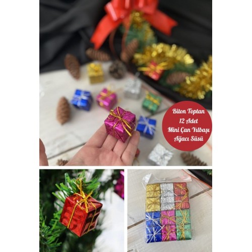 12 Adet Hediye Paketi  Renkli Noel  Yılbaşı Çam Ağacı Süsü 3 cm