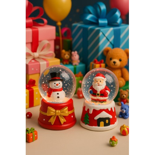 2 Adet Led Işıklı Mini Kar Küresi 6,5 cm – Noel Baba & Kardan Adam Dekoratif Işıklı Biblo