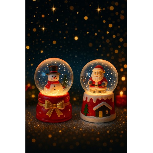 2 Adet Led Işıklı Mini Kar Küresi 6,5 cm – Noel Baba & Kardan Adam Dekoratif Işıklı Biblo