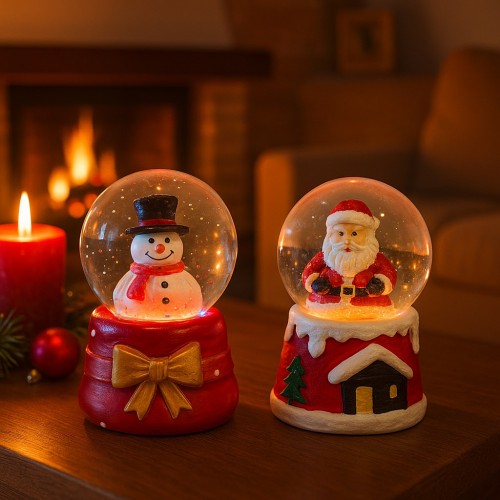 2 Adet Led Işıklı Mini Kar Küresi 6,5 cm – Noel Baba & Kardan Adam Dekoratif Işıklı Biblo