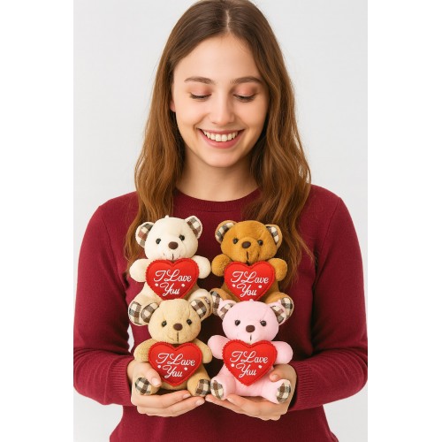 4 Adet Sevimli Mini Peluş Ayıcık - Kalpli 'I Love You' Mesajlı 11x9 cm 