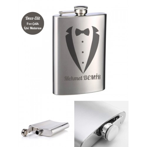 Kişiye Özel Smokin Damat Temalı 9 Oz Çelik Cep Matarası 266 Ml Sevgiliye Hediye