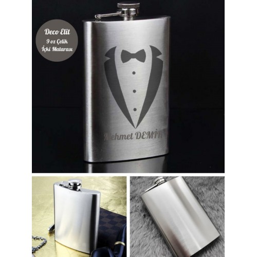 Kişiye Özel Smokin Damat Temalı 9 Oz Çelik Cep Matarası 266 Ml Sevgiliye Hediye