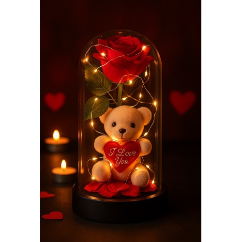 LED Işıklı Mika Fanus İçinde Gül ve Lüx Peluş Ayıcık – 20 cm Sevgiliye Hediye
