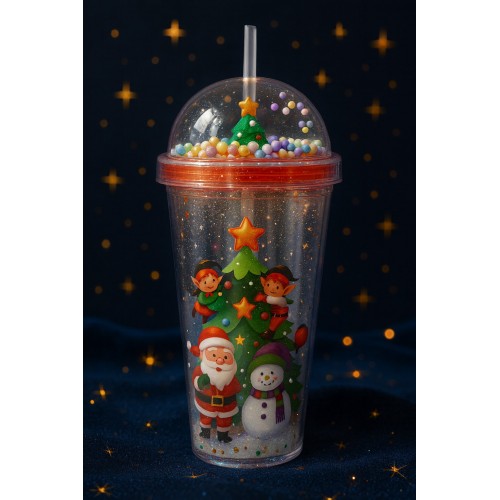 Noel Baba & Yılbaşı Temalı Pipetli Suluk  450 ML Çift Katman Mika Su Şişesi 2768