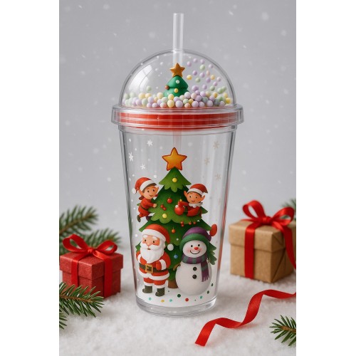 Noel Baba & Yılbaşı Temalı Pipetli Suluk  450 ML Çift Katman Mika Su Şişesi 2768
