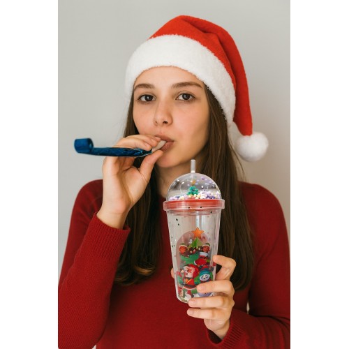 Noel Baba & Yılbaşı Temalı Pipetli Suluk  450 ML Çift Katman Mika Su Şişesi 2768