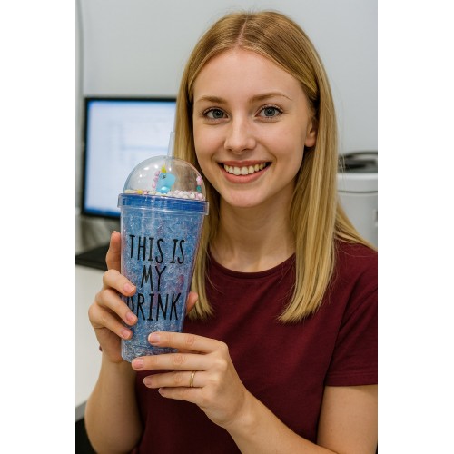 Cool Temalı Buzlu Cam Görünümlü Laci Suluk Pipetli  450 ML Çift Katman Mika Su Şişesi 2742