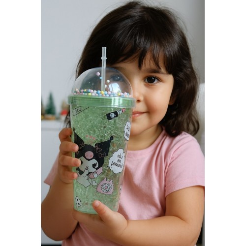 Kuromi Temalı Suluk Pipetli Buzlu Cam Görünümlü 450 ML Çift Katman Mika Su Şişesi 2647 Yeşil
