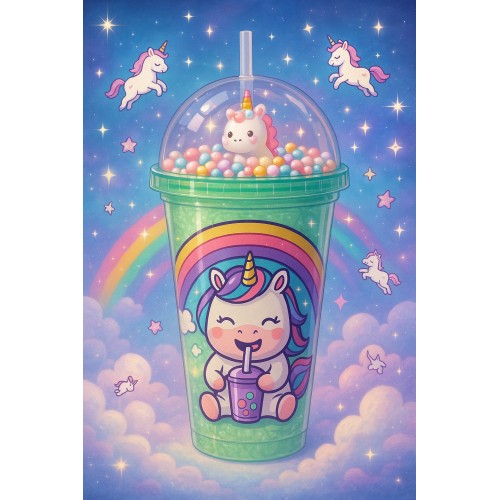 Unicorn Temalı Suluk Pipetli Buzlu Cam Görünümlü 450 ML Çift Katman Mika Su Şişesi 2646 Yeşil