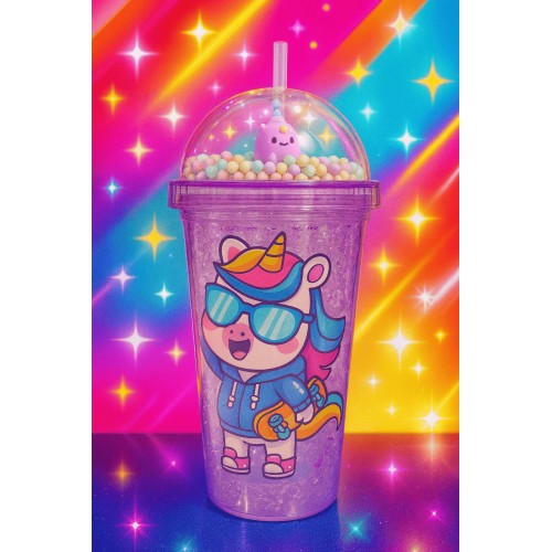 Unicorn Temalı Suluk Pipetli Buzlu Cam Görünümlü 450 ML Çift Katman Mika Su Şişesi 2646 Mor