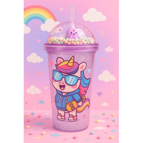 Unicorn Temalı Suluk Pipetli Buzlu Cam Görünümlü 450 ML Çift Katman Mika Su Şişesi 2646 Mor