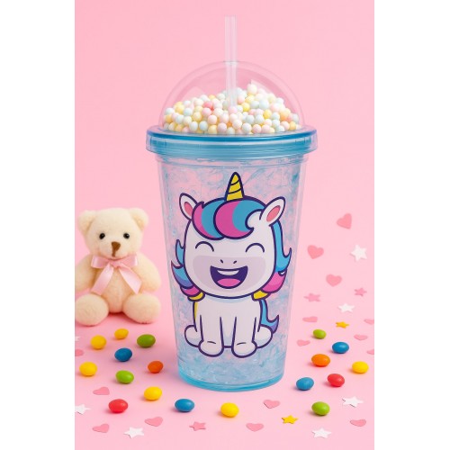 Unicorn Temalı Suluk Pipetli Buzlu Cam Görünümlü 450 ML Çift Katman Mika Su Şişesi 2646 Mavi