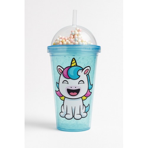 Unicorn Temalı Suluk Pipetli Buzlu Cam Görünümlü 450 ML Çift Katman Mika Su Şişesi 2646 Mavi