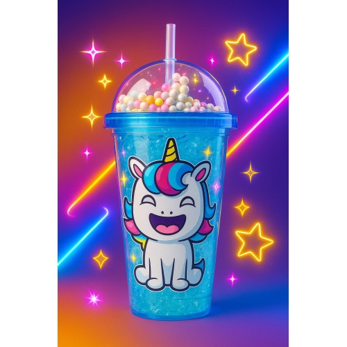 Unicorn Temalı Suluk Pipetli Buzlu Cam Görünümlü 450 ML Çift Katman Mika Su Şişesi 2646 Mavi