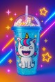 Unicorn Temalı Suluk Pipetli Buzlu Cam Görünümlü 450 ML Çift Katman Mika Su Şişesi 2646 Mavi