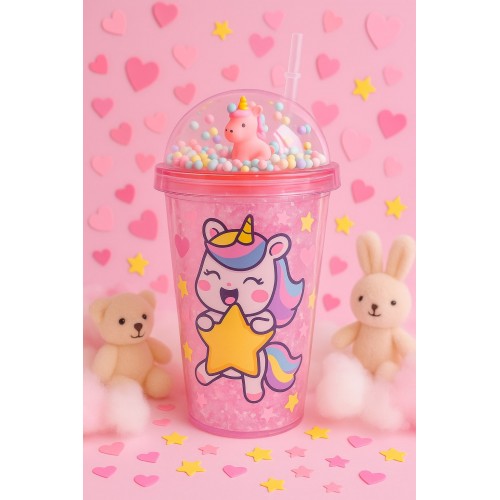 Unicorn Temalı Suluk Pipetli Buzlu Cam Görünümlü 450 ML Çift Katman Mika Su Şişesi 2646 Pembe