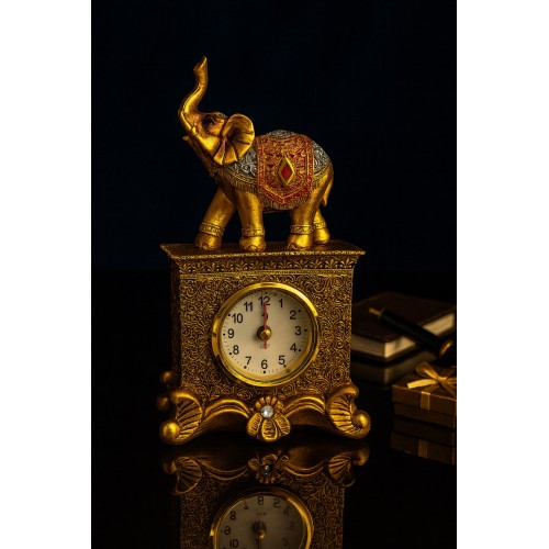 Dekoratif Gold Fil Figürlü Masa Saati – 19 cm | Şık Ev & Ofis Aksesuarı