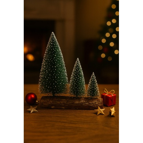 3’lü Mini Kar Efektli Yılbaşı Noel Ağaç Seti – Ahşap Kütük Üzeri Dekoratif Mini Çam Ağaçları 