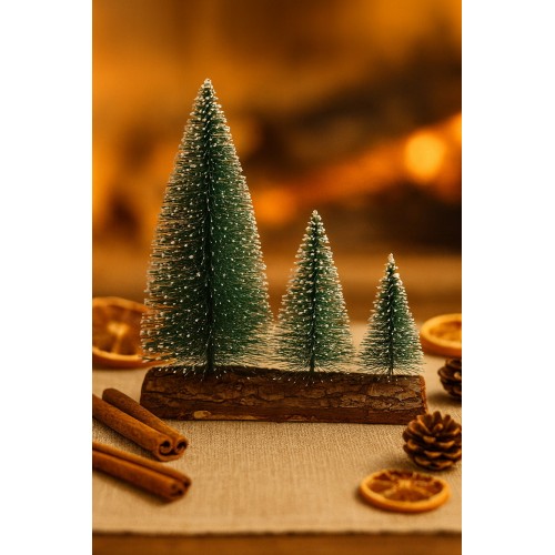 3’lü Mini Kar Efektli Yılbaşı Noel Ağaç Seti – Ahşap Kütük Üzeri Dekoratif Mini Çam Ağaçları 