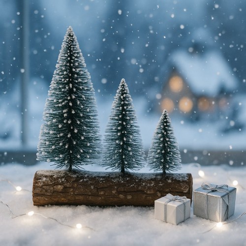 3’lü Mini Kar Efektli Yılbaşı Noel Ağaç Seti – Ahşap Kütük Üzeri Dekoratif Mini Çam Ağaçları 