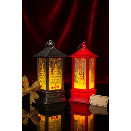 LED Işıklı Noel Feneri 2’li Set – Çam Ağacı & Bambi Temalı Dekoratif Yılbaşı Lambası 14 Cm