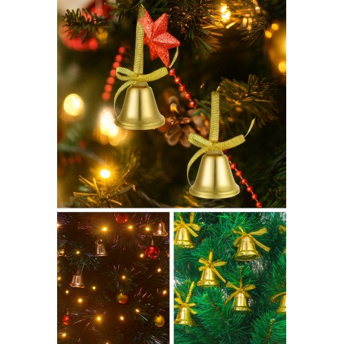 12 Adet Mini Çan Yılbaşı Çam Ağacı Süsü  3 cm Sarı Kurdeleli Gold Yılbaşı Çam Ağacı Süsü 
