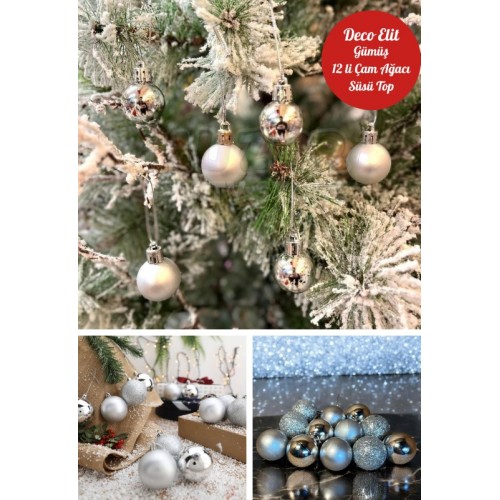 12’li Yılbaşı Çam Ağacı Süsü Gümüş – 4 cm Parlak & Simli Karışık Top Süsler Noel Çam Ağacı Süsü