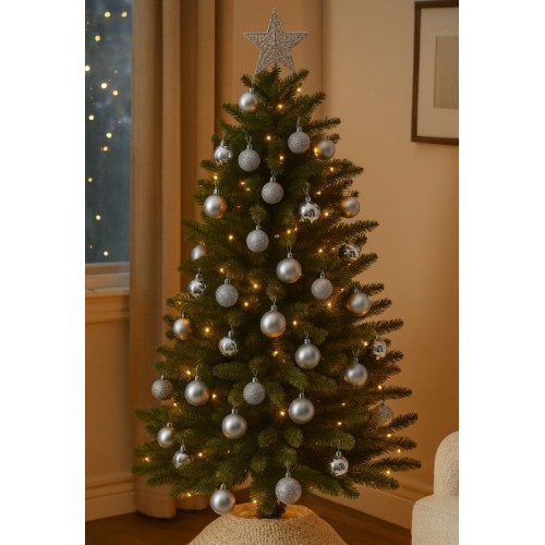 12’li Yılbaşı Çam Ağacı Süsü Gümüş – 4 cm Parlak & Simli Karışık Top Süsler Noel Çam Ağacı Süsü